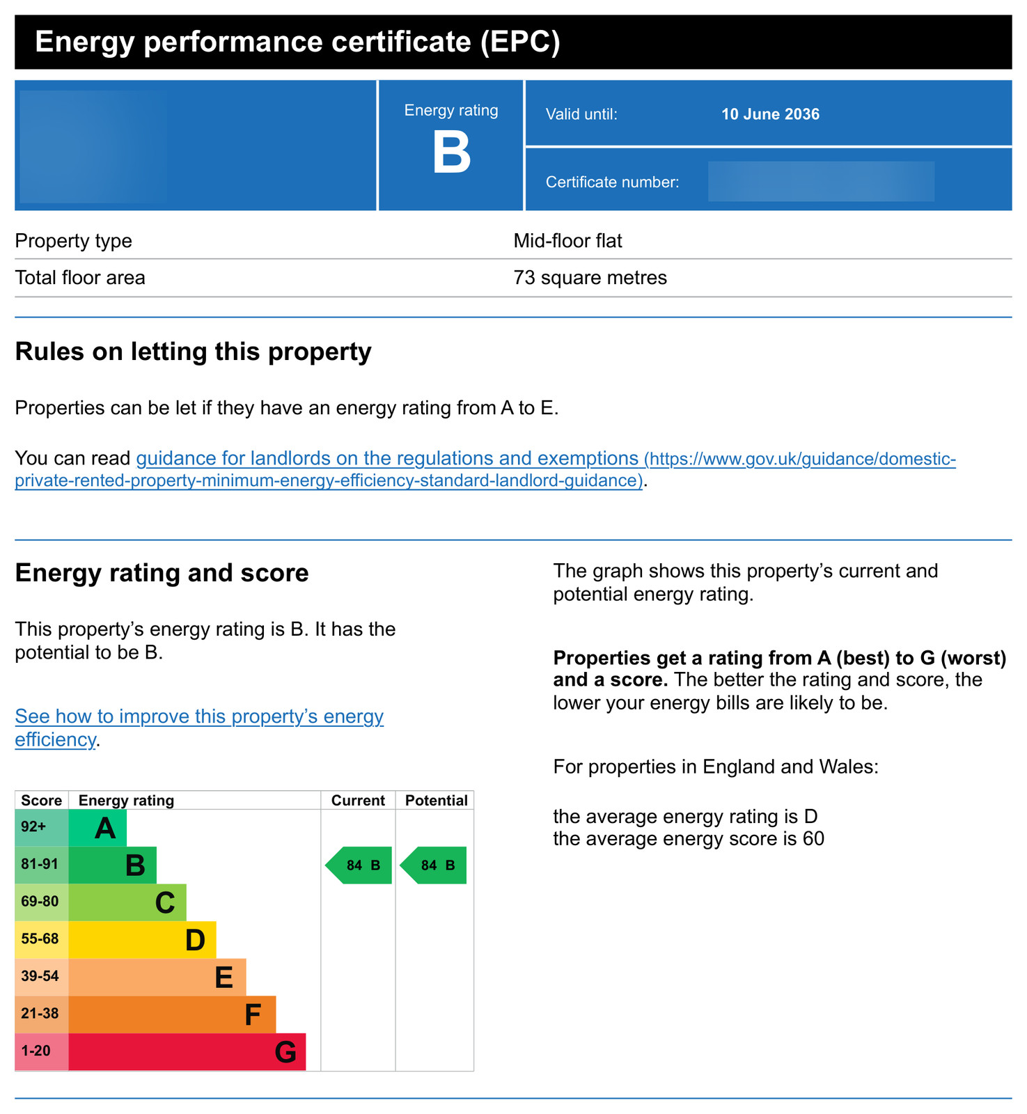 Energy Performance Certificate showing an energy rating of B, a total floor area of 73 square metres, and the A to G rating chart