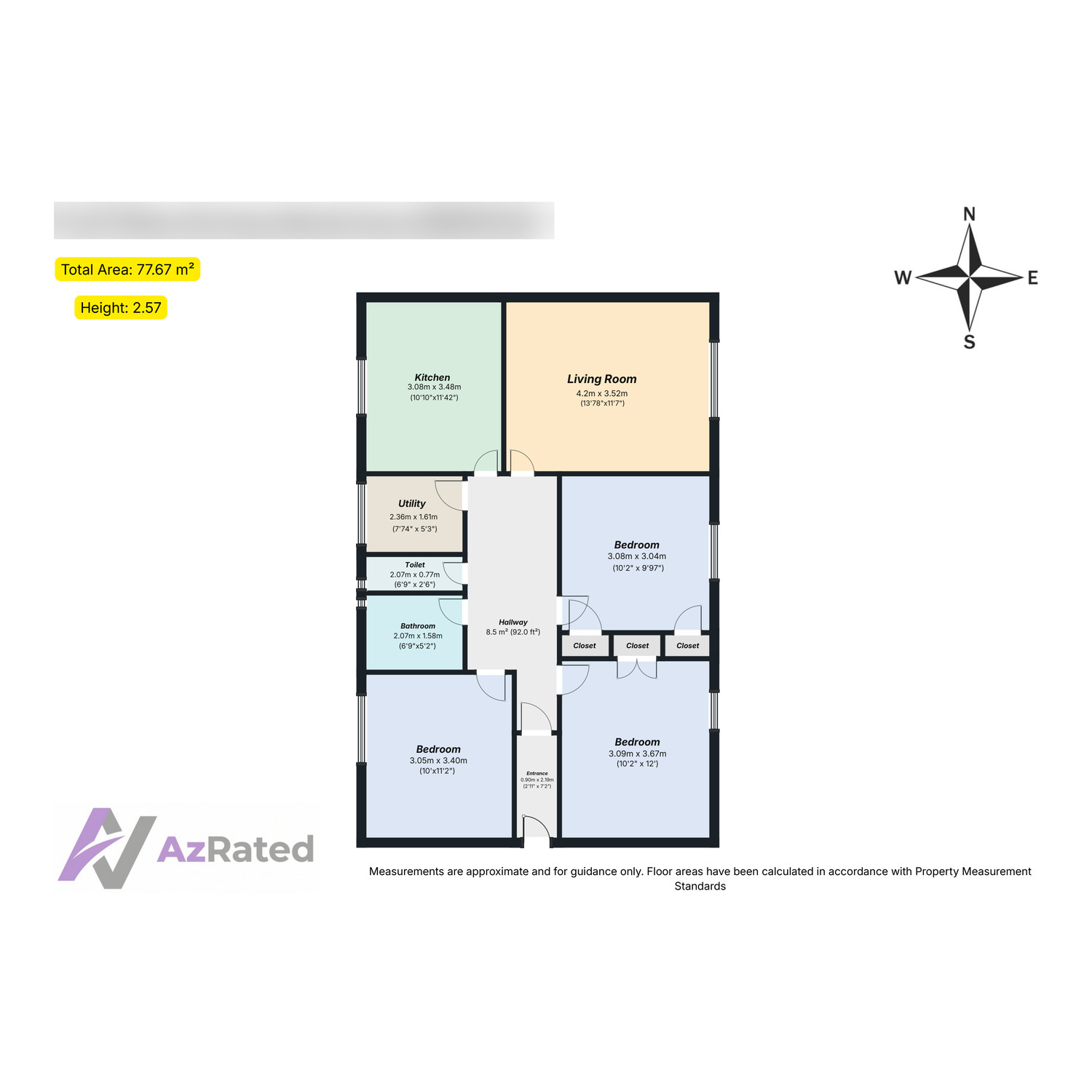 Floor plan of a three-bedroom flat showing room dimensions, a total area of 77.67 square metres, ceiling height, a north arrow and AzRated branding