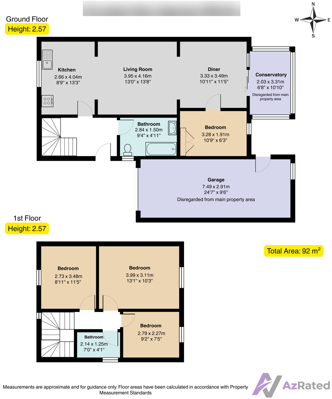 Colour-coded floor plan of a four-bedroom house showing ground and first floor layouts, room dimensions, ceiling heights of 2.57m, a total area of 92 square metres, a conservatory, an integral garage, a compass and AzRated branding