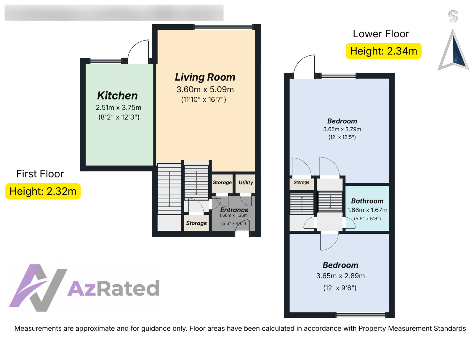 Floor plan of a two-bedroom flat across lower and first floors, showing room names, dimensions in metres and feet, ceiling heights of 2.34m and 2.32m, a compass and AzRated branding